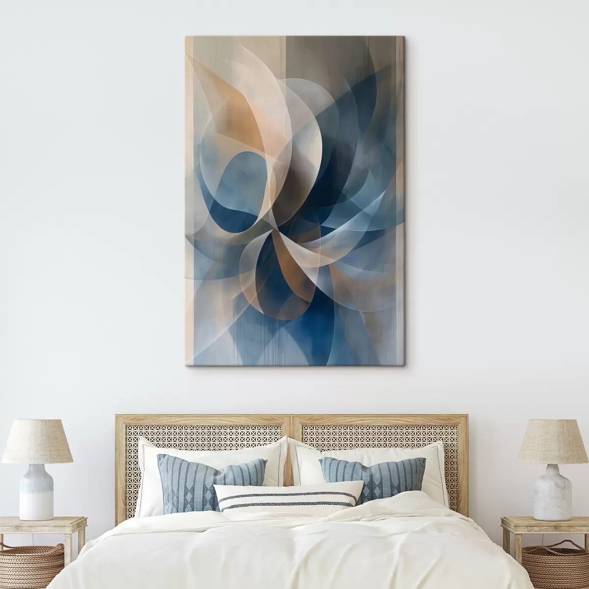  Schilderijen blauw beige abstracte bloem s40245