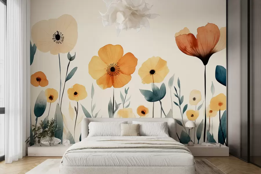 Fotobehang Aquarel weidebloemen, rustiek, bloemencompositie, eenvoudige tekening, beige, oranje, blauw w01453