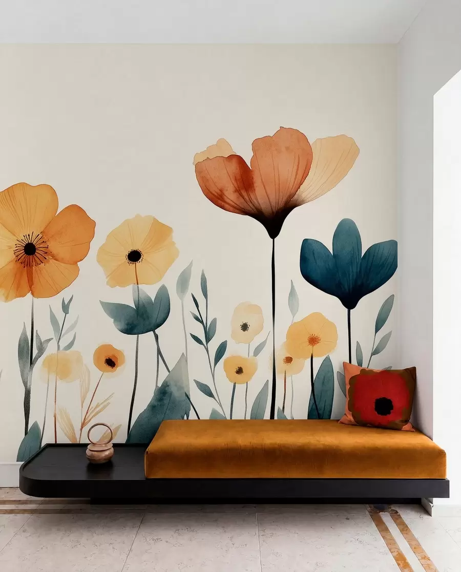 Fotobehang Aquarel weidebloemen, rustiek, bloemencompositie, eenvoudige tekening, beige, oranje, blauw w01453