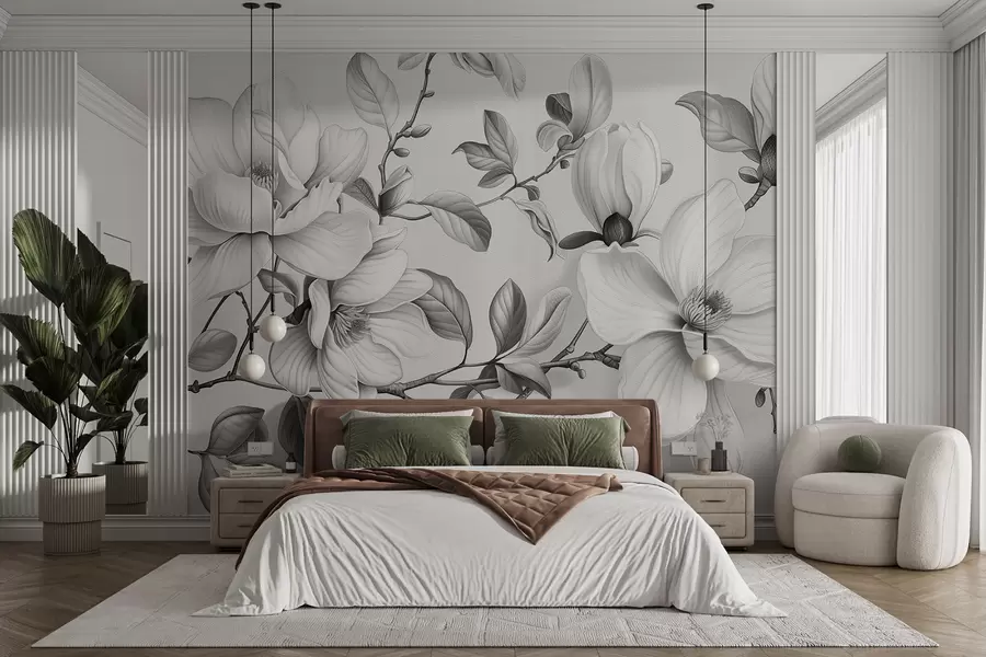 Fotobehang Monochrome magnolia elegantie w01429
