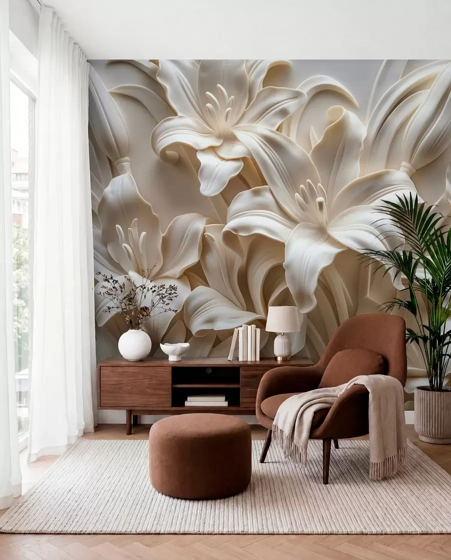 Fotobehang Elegante beige 3D-reliëf van gesneden lelies w01433