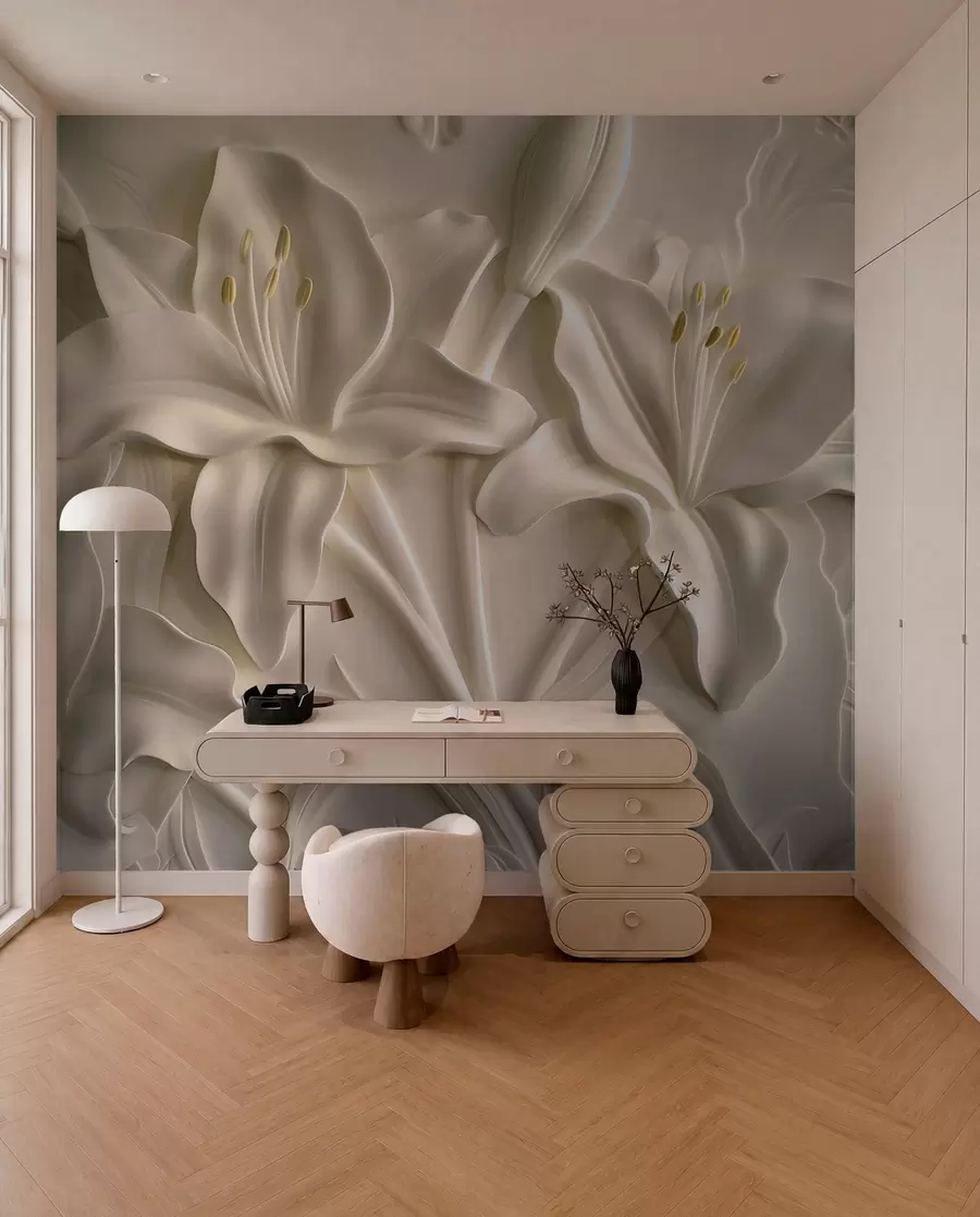 Fotobehang Bas-reliëf van grote beige lelies w01434