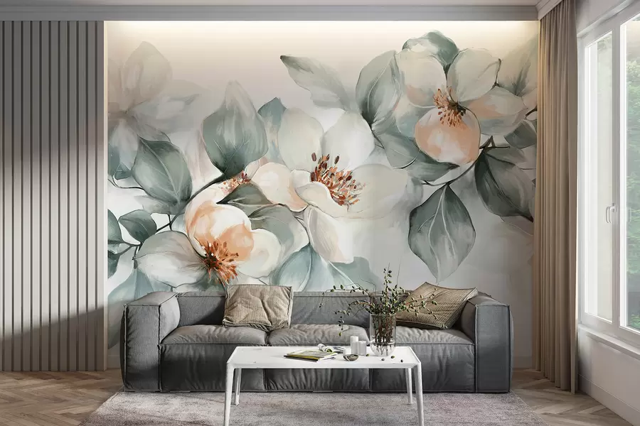 Fotobehang Delicate witte en roze magnolia bloemen met zachtgroene bladeren tegen een lichte achtergrond w08220