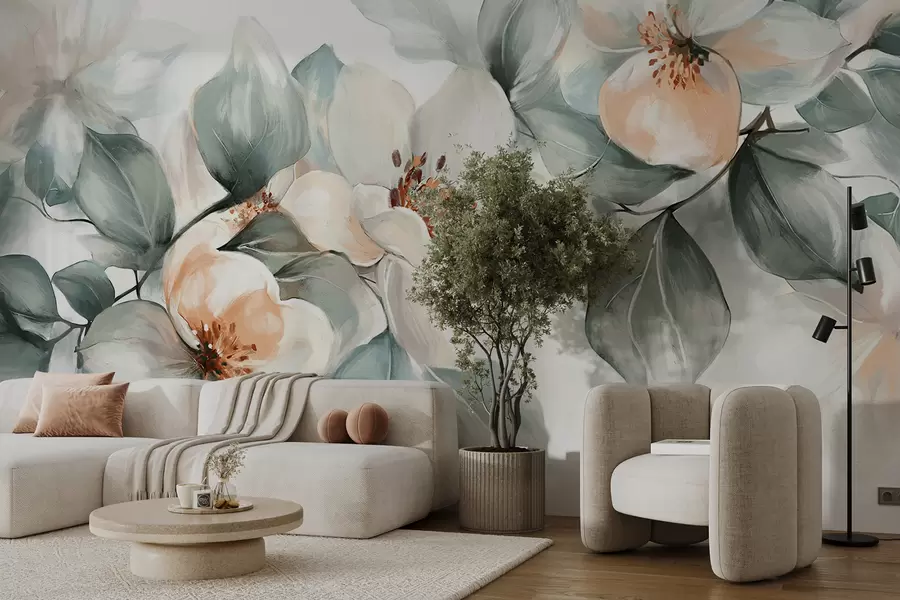 Fotobehang Delicate witte en roze magnolia bloemen met zachtgroene bladeren tegen een lichte achtergrond w08220