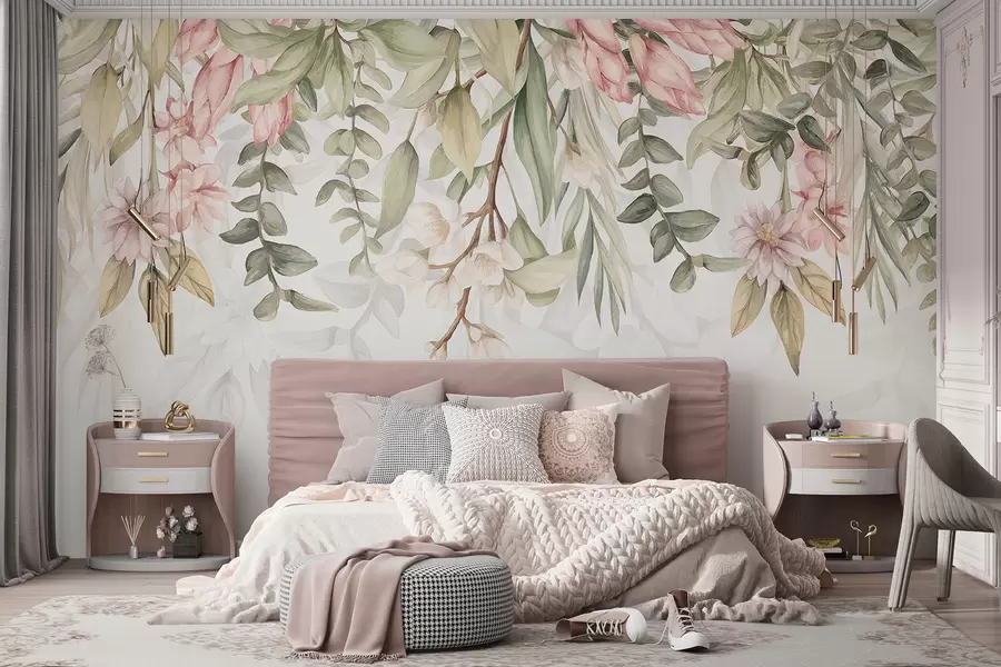 Fotobehang Delicate roze en witte bloemen met groene bladeren en stengels tegen een lichte achtergrond w08222