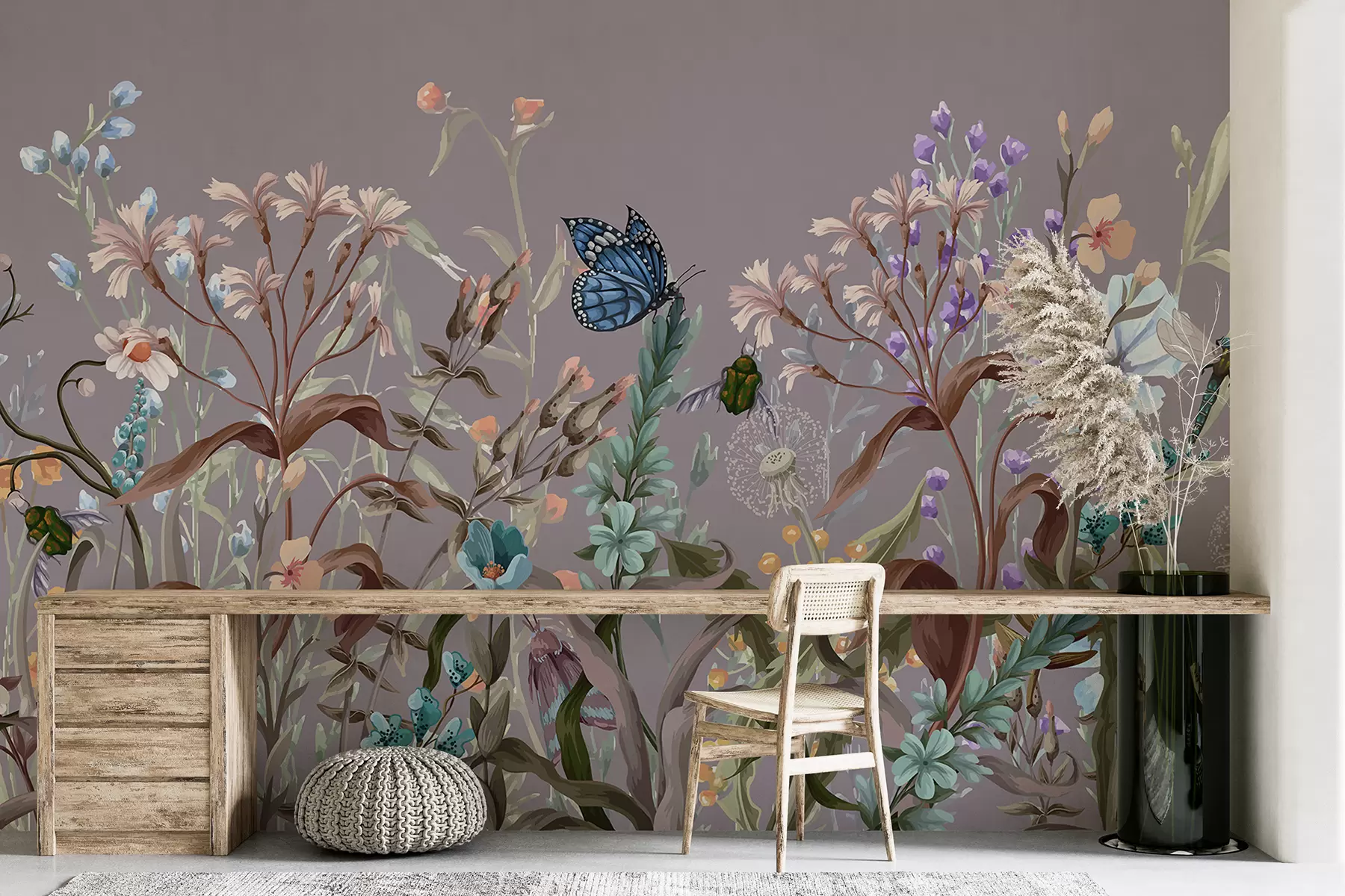 Fotobehang Een kleurrijke violette illustratie van een weelderige bloementuin met insecten in een dromerige, fantastische stijl w08234v1