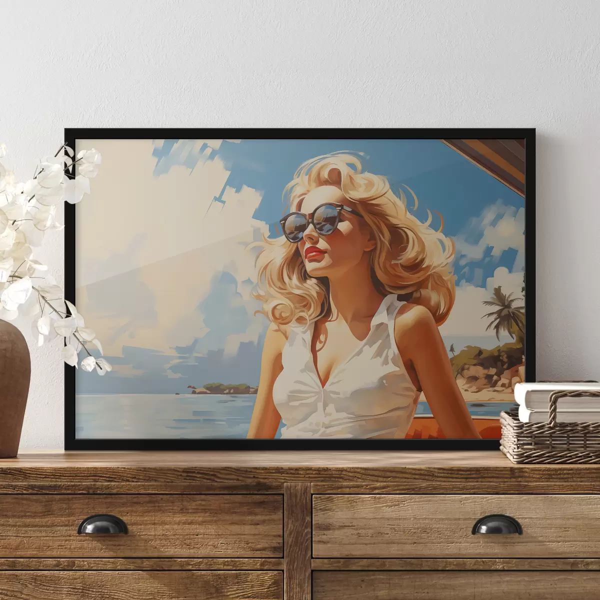 Poster Blond meisje op de zee achtergrond illustratie f40321