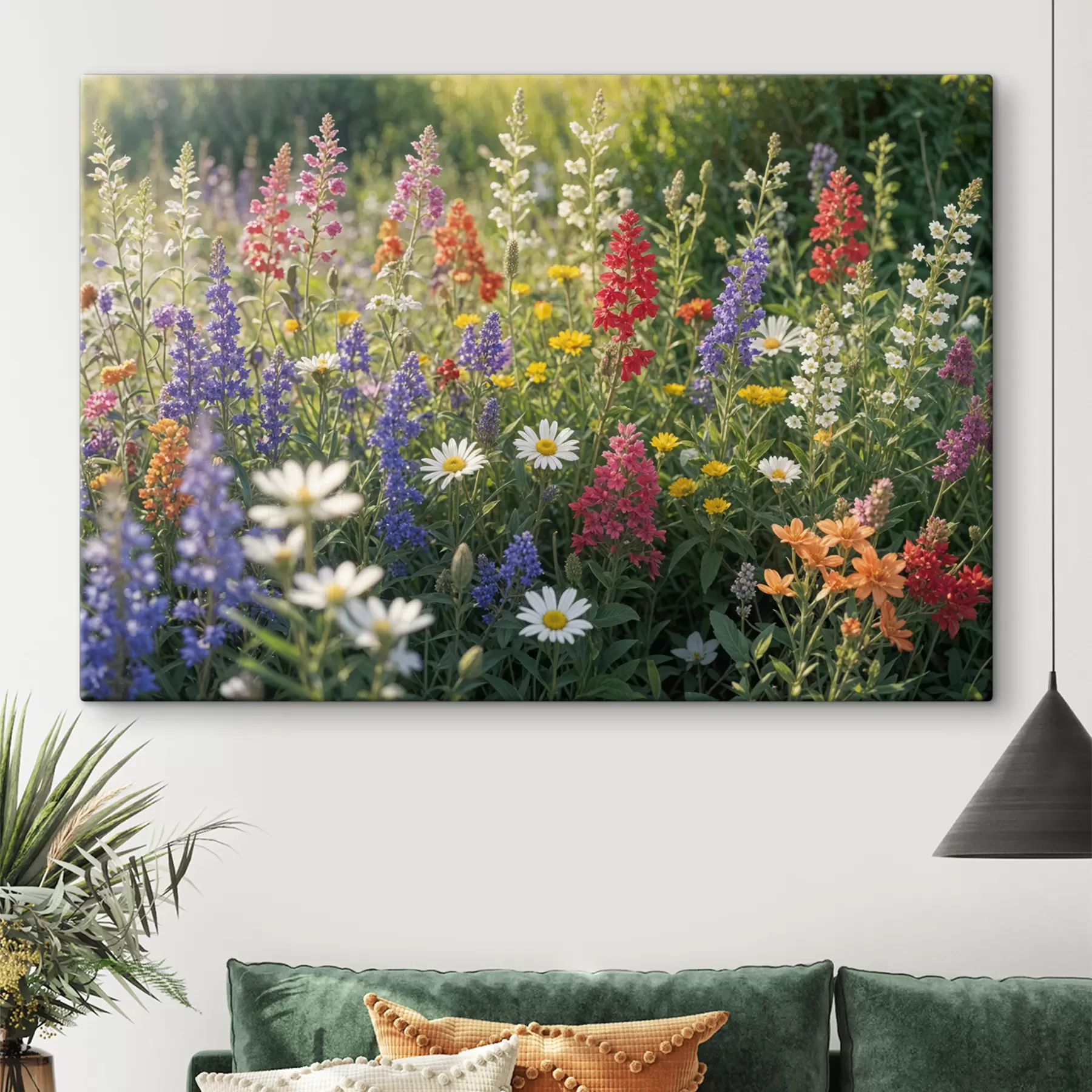 Fotobehang Een kleurrijke wilde bloemenweide met verschillende bloeiende bloemen, waaronder madeliefjes, lavendel en rode bloemen s40390