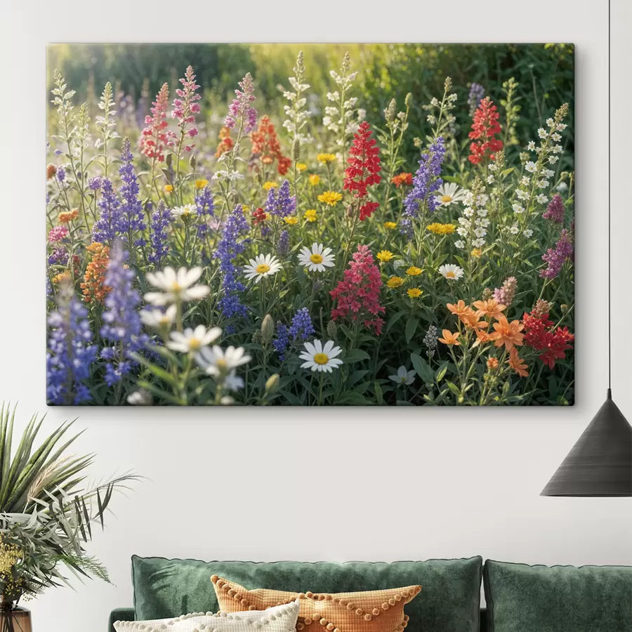 Fotobehang Een kleurrijke wilde bloemenweide met verschillende bloeiende bloemen, waaronder madeliefjes, lavendel en rode bloemen s40390