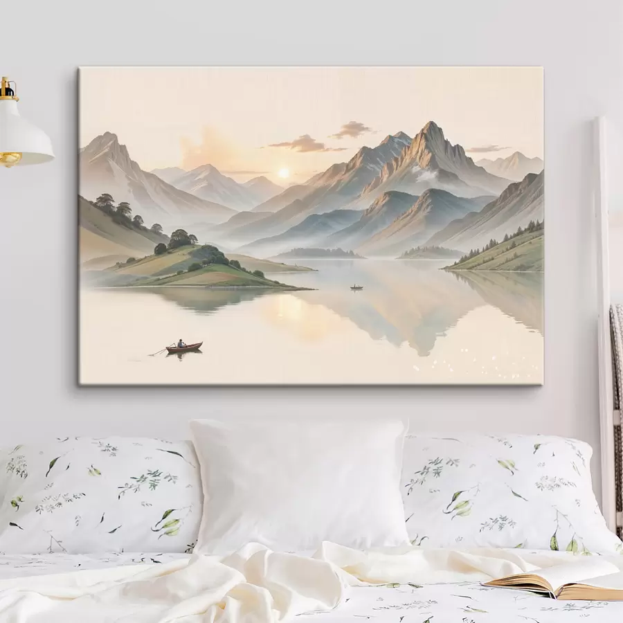  Peintures Un paysage serein avec un lac reflétant des montagnes en arrière-plan avec un petit bateau sur l'eau calme s40391