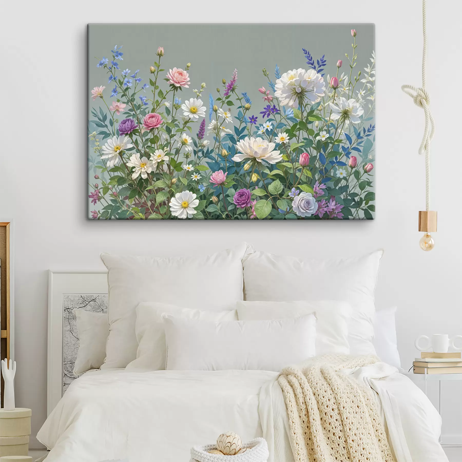 Fotobehang Een weelderige, levendige tuin vol met een verscheidenheid aan kleurrijke bloemen en bloeiende planten tegen een grijze achtergrond s40393