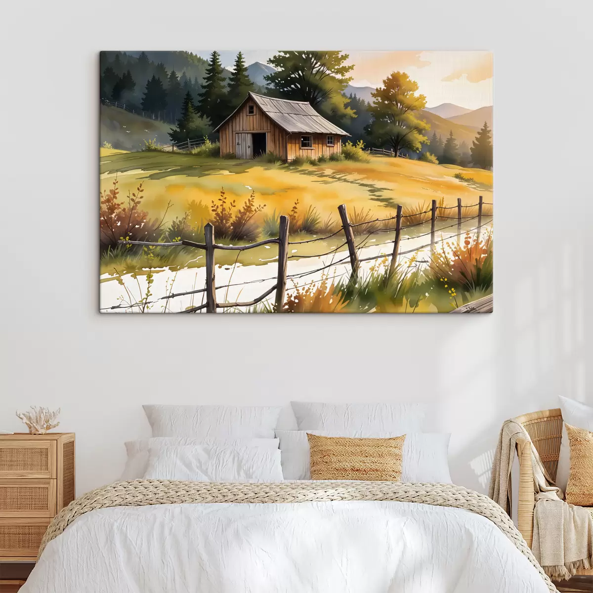  Peintures Une vieille maison en bois dans un cadre rural, entourée d'un champ herbeux, de pins et de montagnes s40394