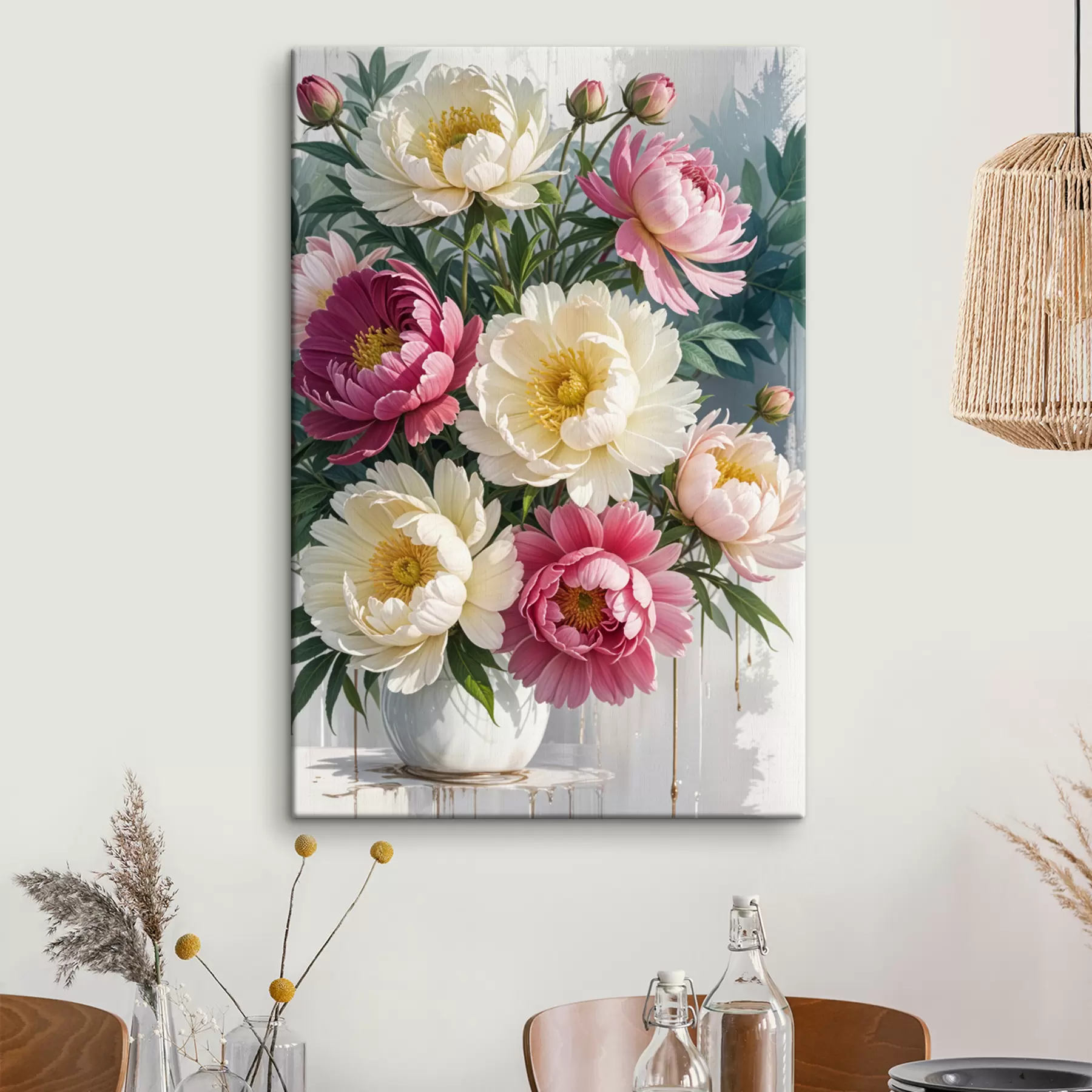  Peintures Un bouquet de fleurs de pivoine vibrantes dans différentes nuances de rose, de blanc et de jaune avec des touches de peinture s40403