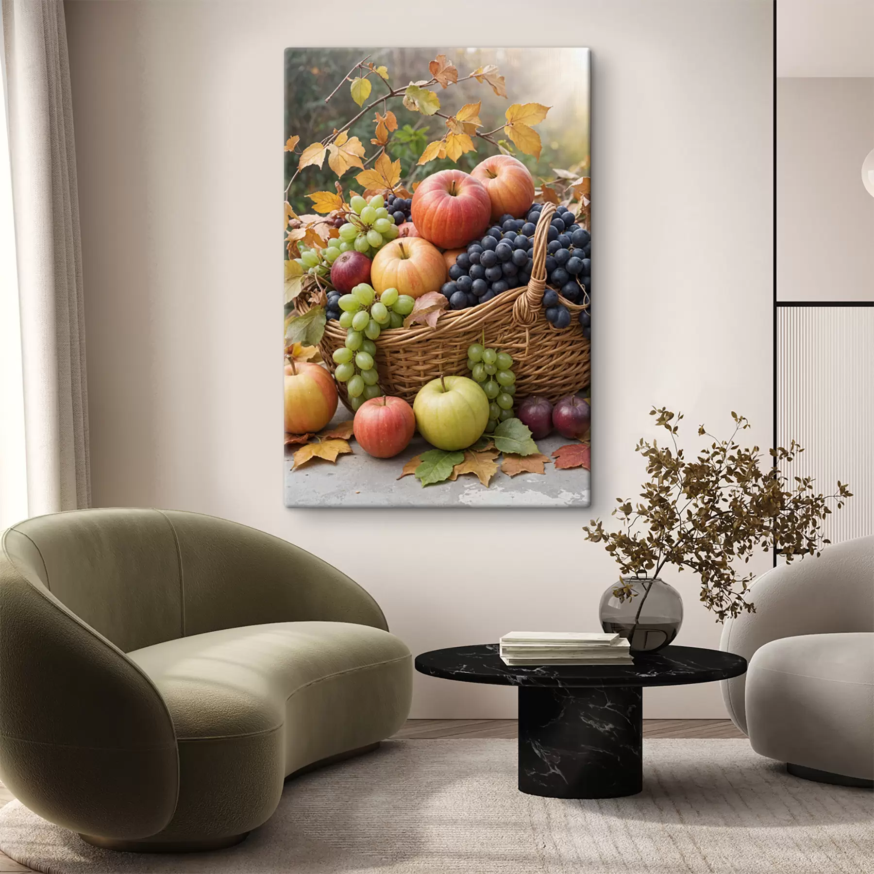 Fotobehang Een mand gevuld met verschillende herfstvruchten, waaronder appels, druiven en peren, omringd door gevallen bladeren s40409