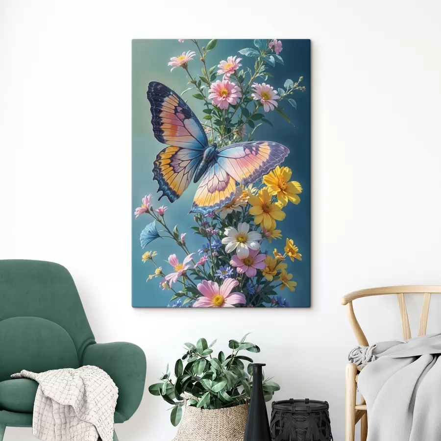  Peintures Un grand papillon coloré perché sur un bouquet de fleurs roses et jaunes sur un fond vert foncé s40411