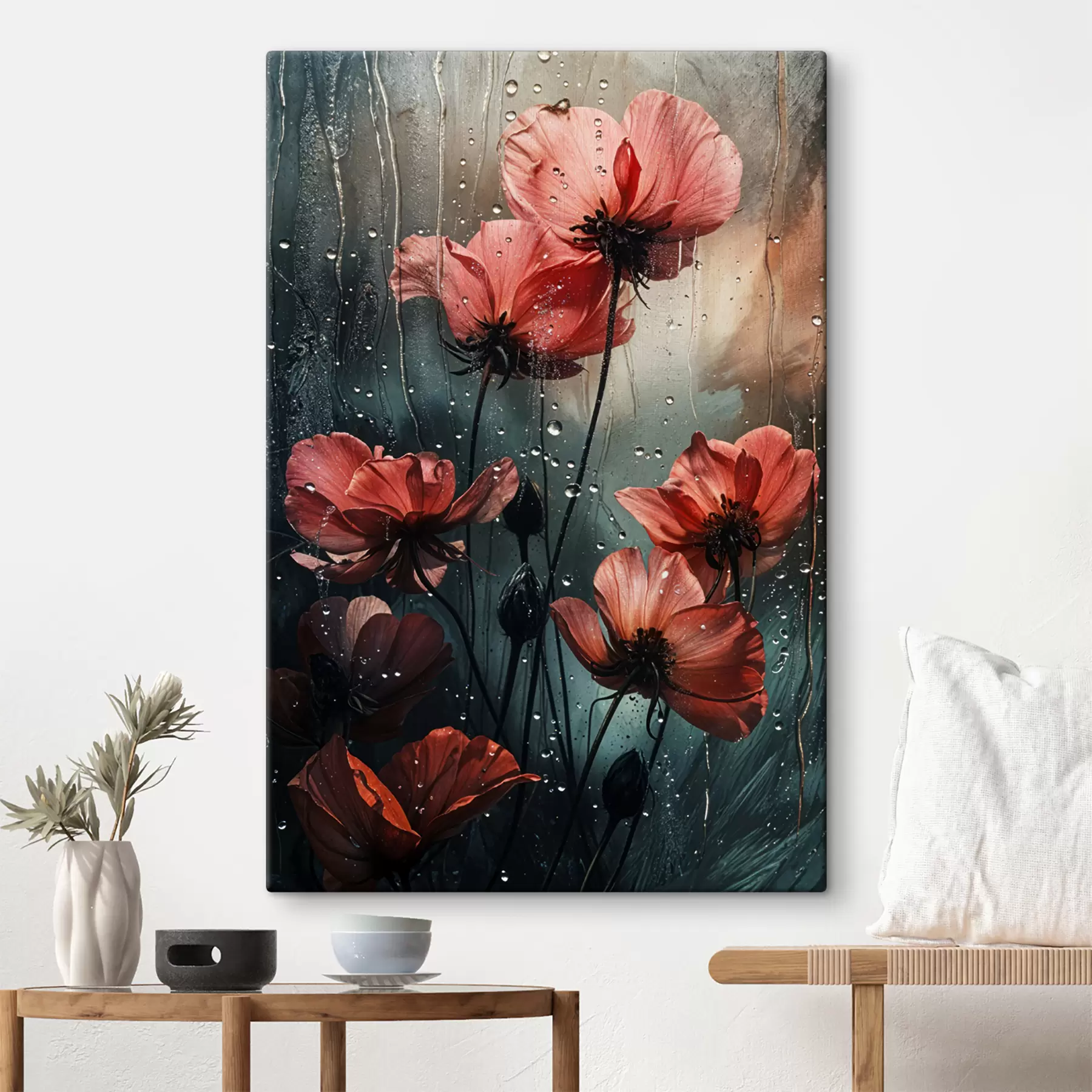 Fotobehang Rode bloemen met waterdruppels tegen een wazige achtergrond s40412