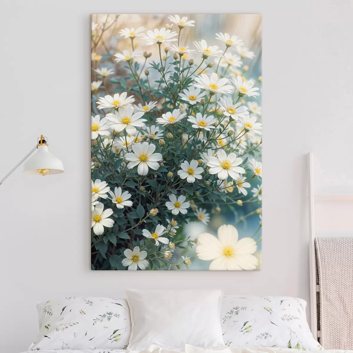  Peintures Un champ de fleurs de marguerites blanches avec un feuillage vert, sur un fond flou s40413