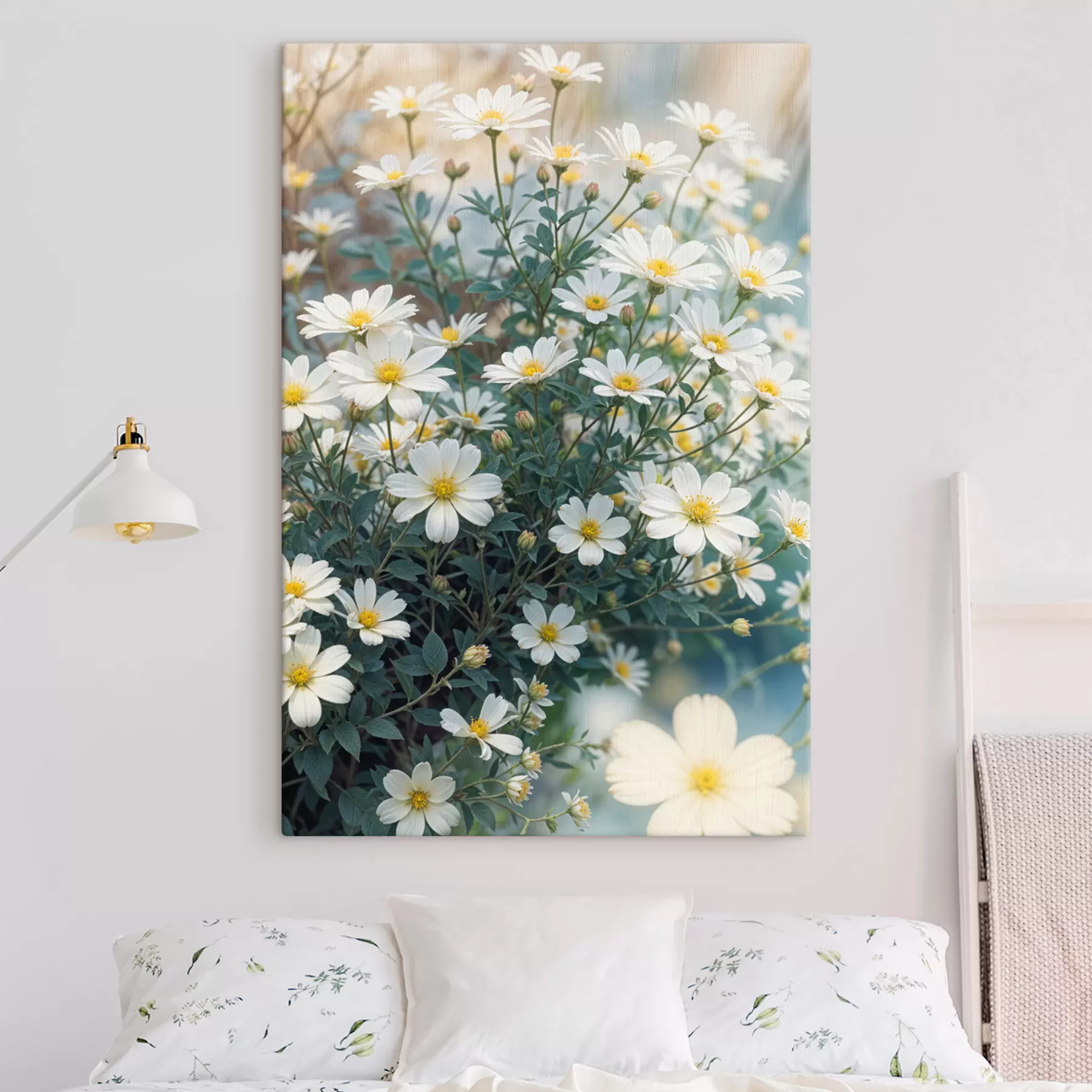  Peintures Un champ de fleurs de marguerites blanches avec un feuillage vert, sur un fond flou s40413