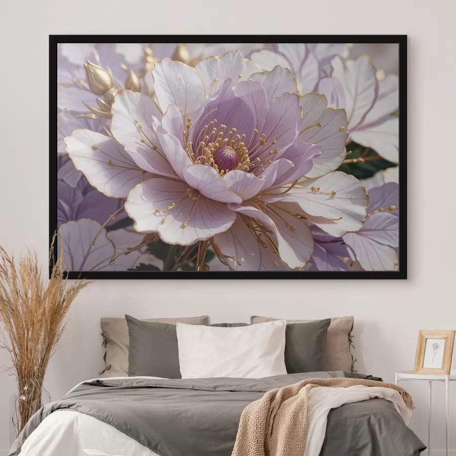 Papier peint photo Gros plan d'une grande fleur de pivoine rose pâle avec des pétales délicats et un centre jaune vif f40384