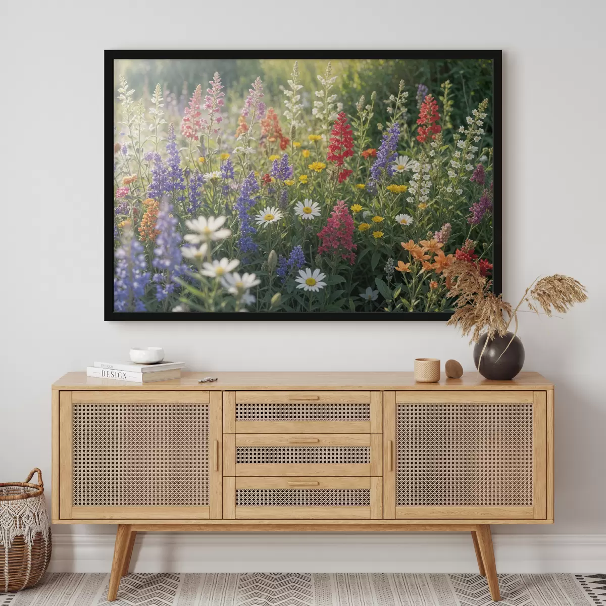 Poster Een kleurrijke wilde bloemenweide met verschillende bloeiende bloemen, waaronder madeliefjes, lavendel en rode bloemen f40390