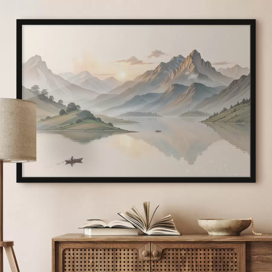 Papier peint photo Un paysage serein avec un lac reflétant des montagnes en arrière-plan avec un petit bateau sur l'eau calme f40391