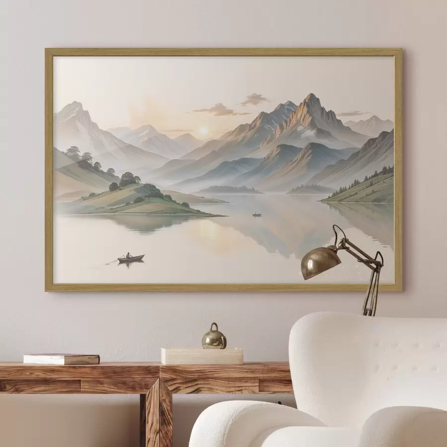 Papier peint photo Un paysage serein avec un lac reflétant des montagnes en arrière-plan avec un petit bateau sur l'eau calme f40391