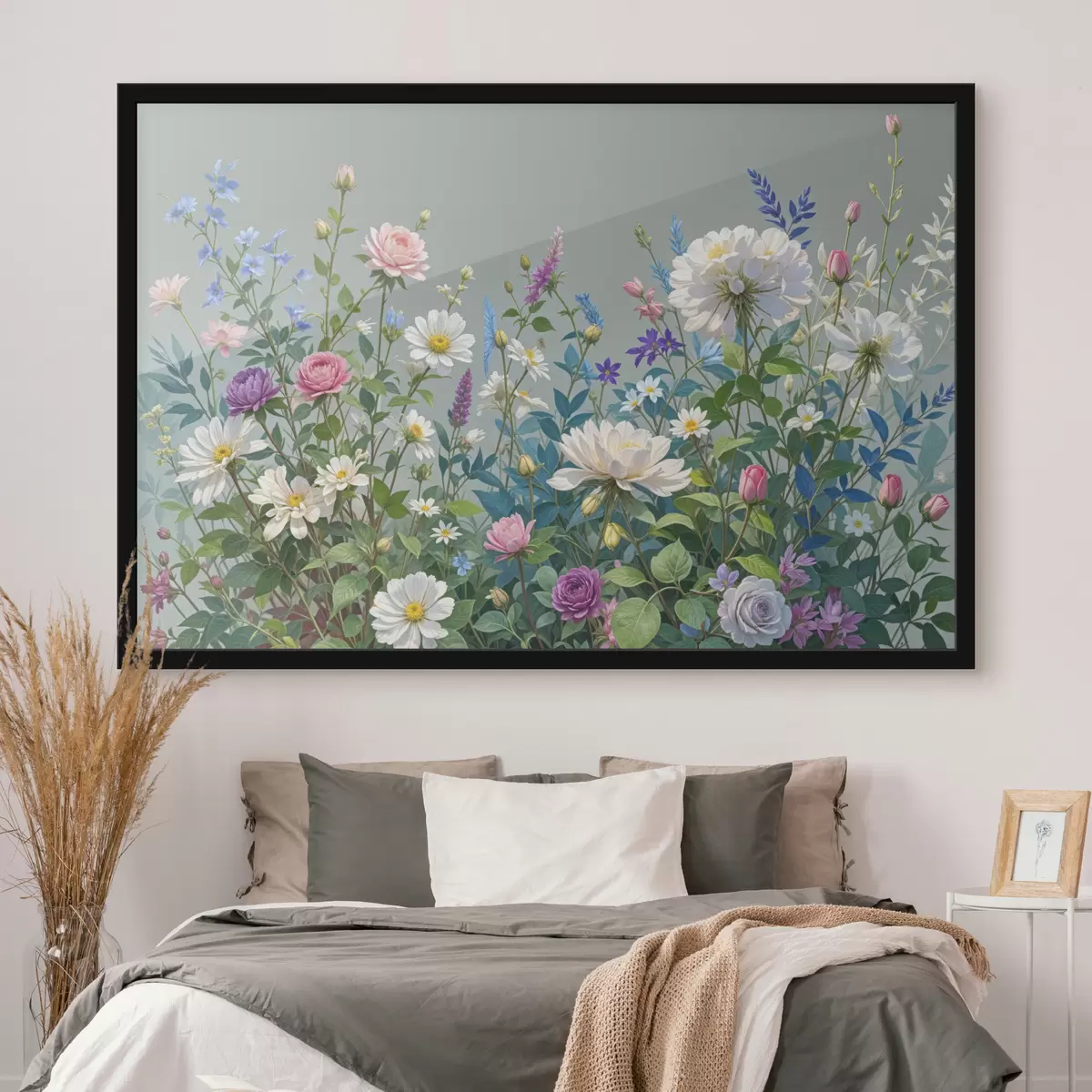 Poster Een weelderige, levendige tuin vol met een verscheidenheid aan kleurrijke bloemen en bloeiende planten tegen een grijze achtergrond f40393