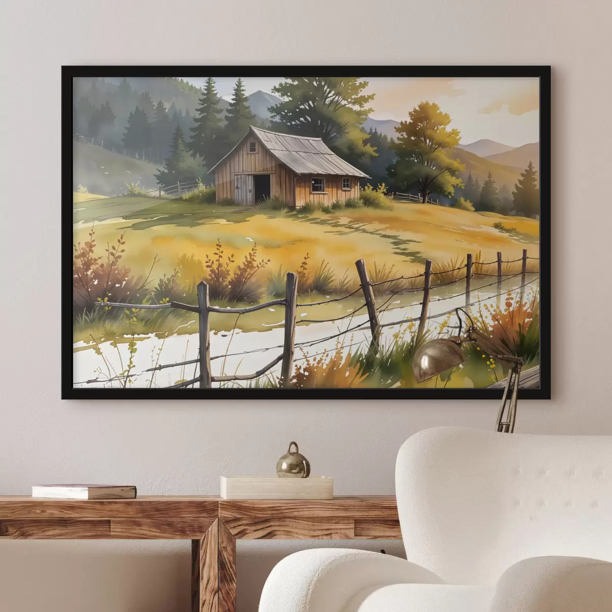 Affiche Une vieille maison en bois dans un cadre rural, entourée d'un champ herbeux, de pins et de montagnes f40394