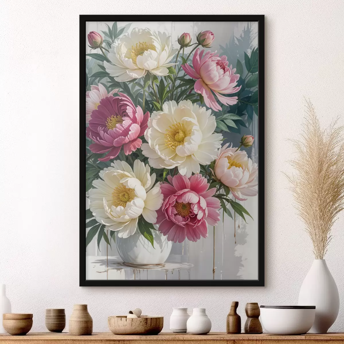 Poster Een boeket van levendige pioenrozen in verschillende tinten roze, wit en geel met verfspatten f40403