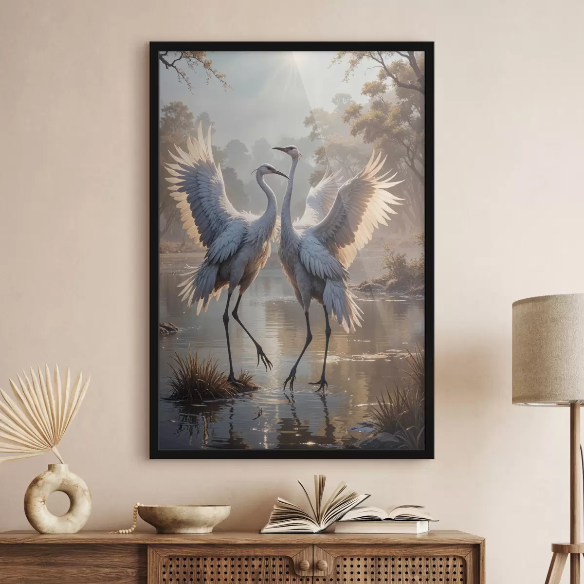 Poster Twee grote grijze kraanvogels met lange nekken en gespreide vleugels staan in een mistig meer omgeven door bomen f40404