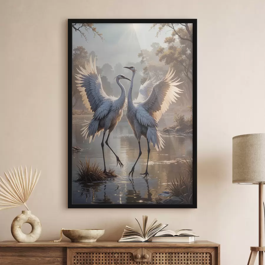 Papier peint photo Deux grandes grues grises au long cou et aux ailes déployées se tiennent debout dans un lac brumeux entouré d'arbres f40404