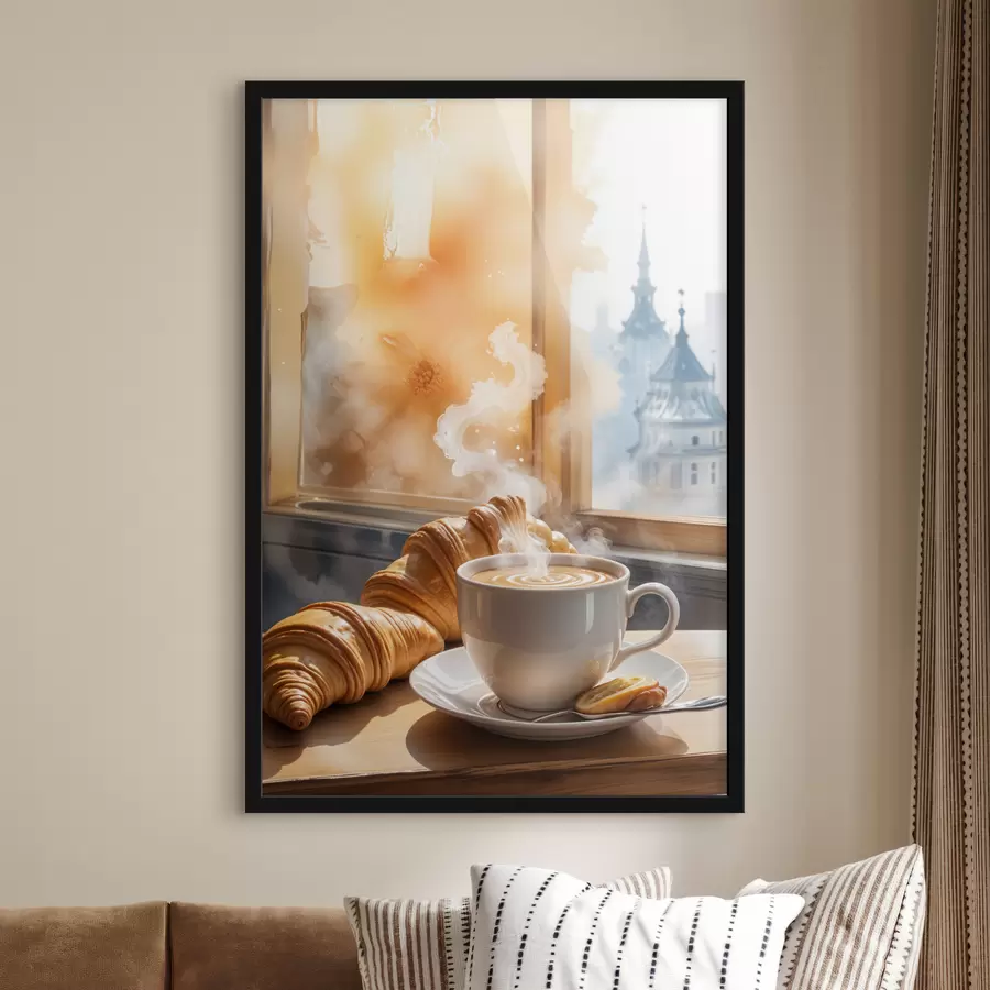 Fotobehang Een warme kop koffie met opstijgende stoom, op een tafeltje naast een croissant, met uitzicht op een historisch gebouw f40405