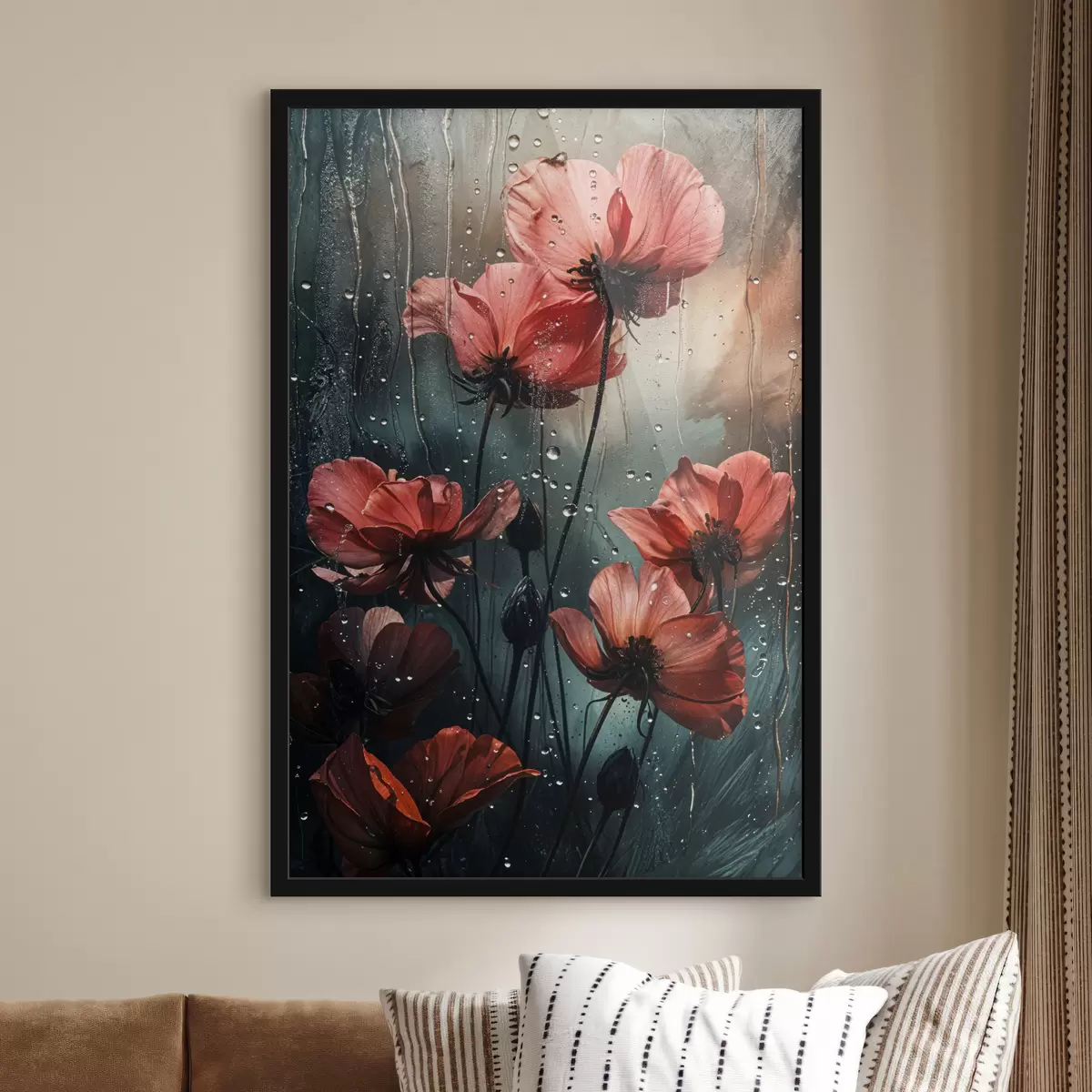 Poster Rode bloemen met waterdruppels tegen een wazige achtergrond f40412