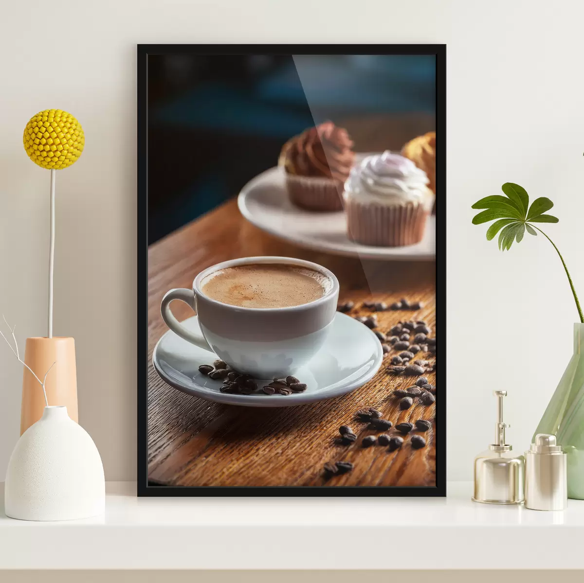 Affiche tasse de café, grains de café, gâteaux, nature morte f40417