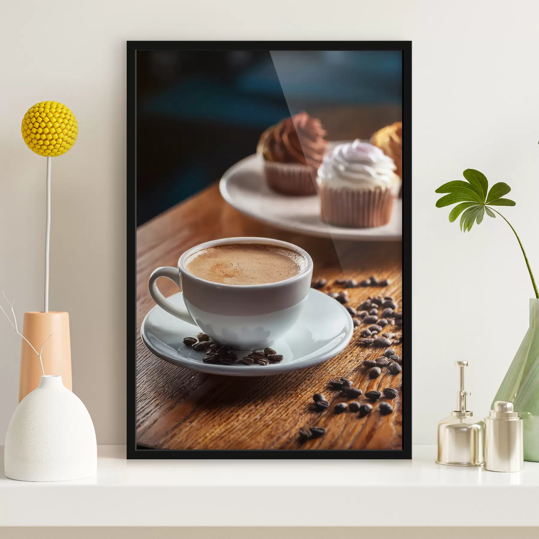 Fotobehang kopje koffie, koffiebonen, taarten, stilleven f40417