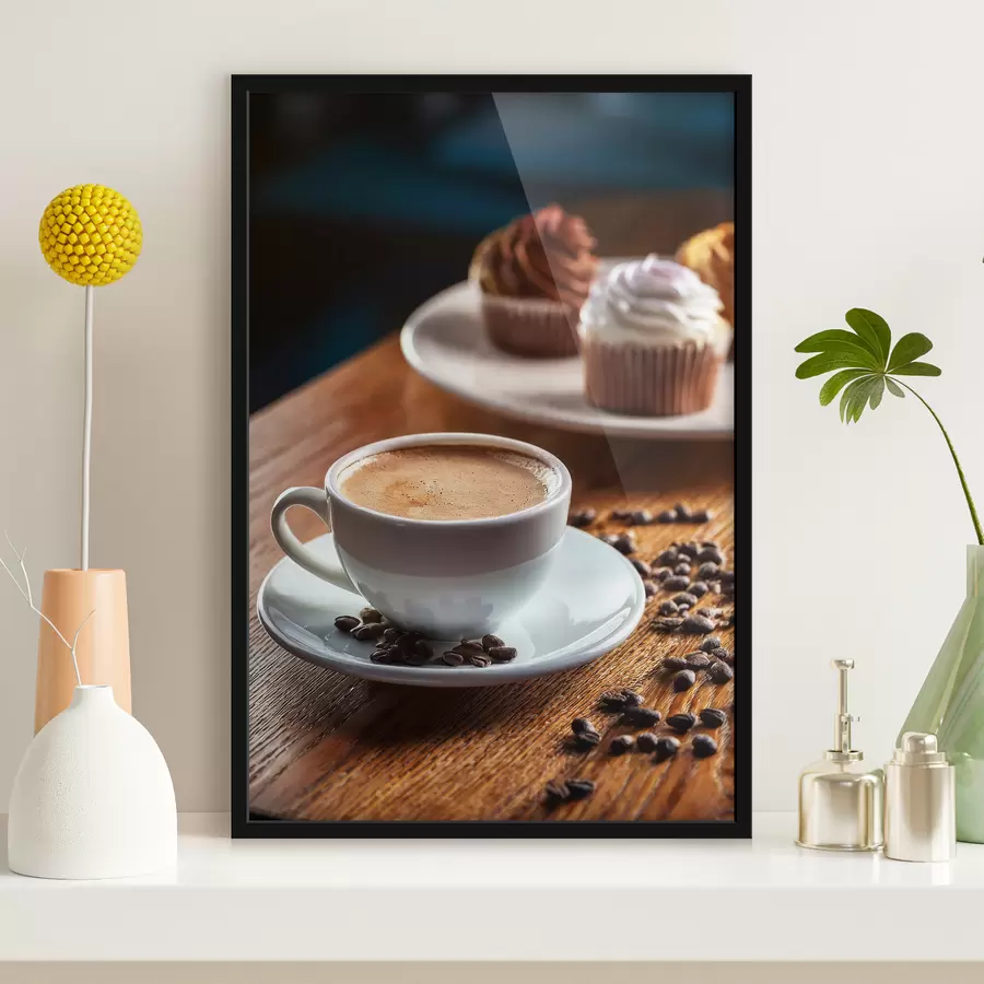 Fotobehang kopje koffie, koffiebonen, taarten, stilleven f40417