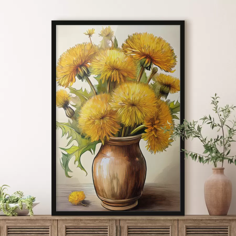 Papier peint photo pissenlits, bouquet de pissenlits dans un vase, pissenlits jaunes f40418