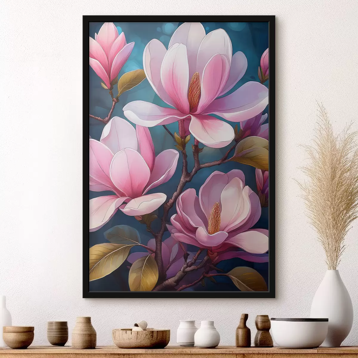Affiche fleurs de magnolia, magnolia rose, grandes fleurs f40425
