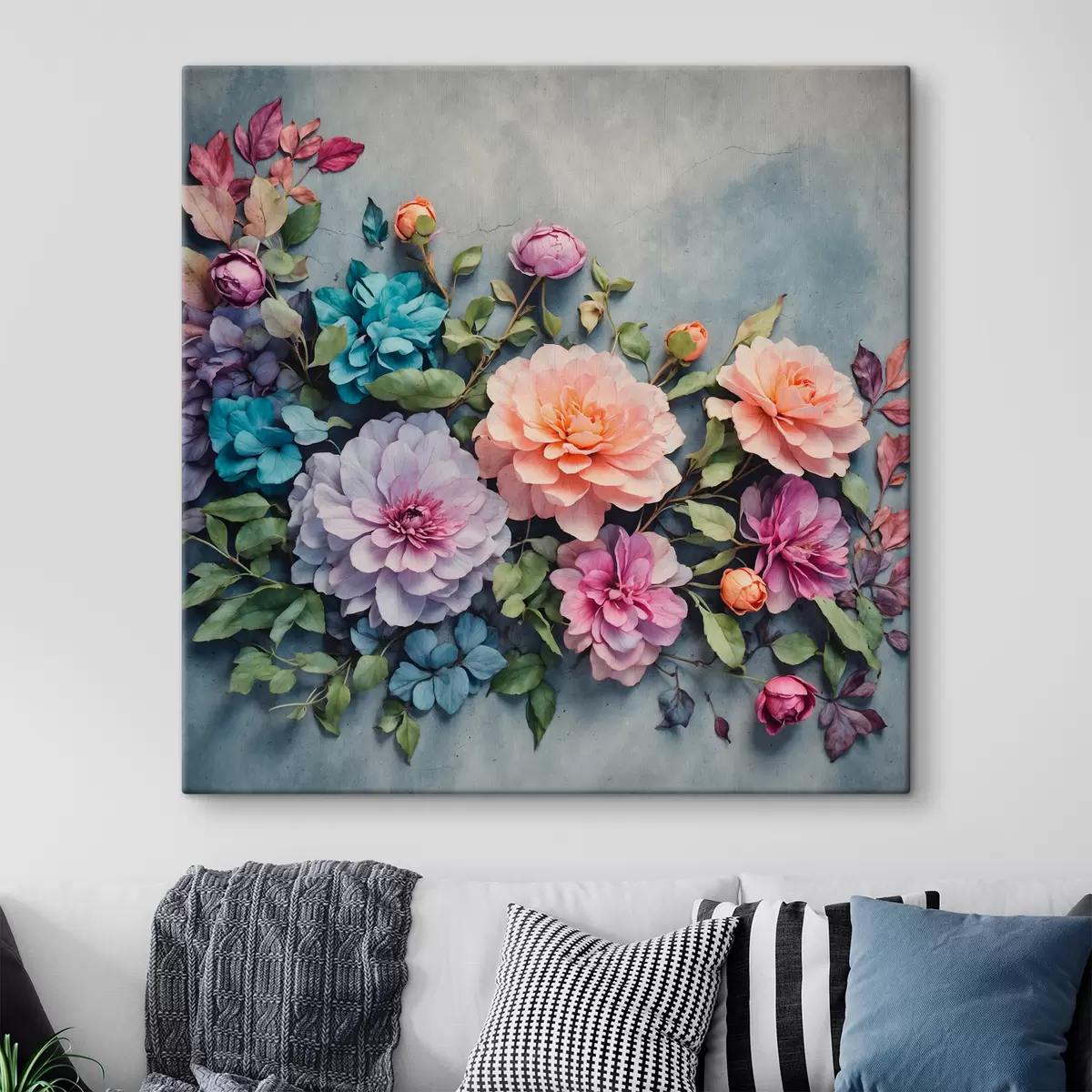  Peintures Fleurs et feuilles sur fond bleu s40346