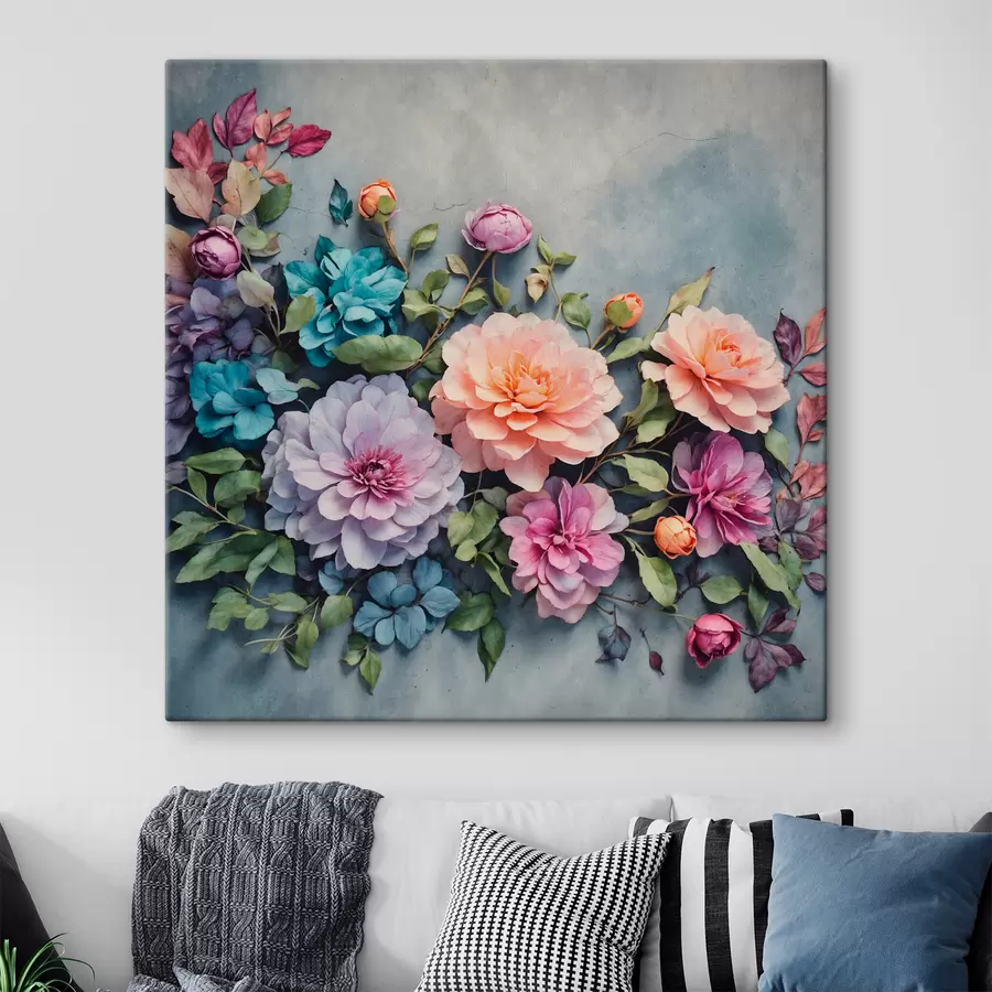  Schilderijen Bloemen en bladeren op blauwe achtergrond s40346