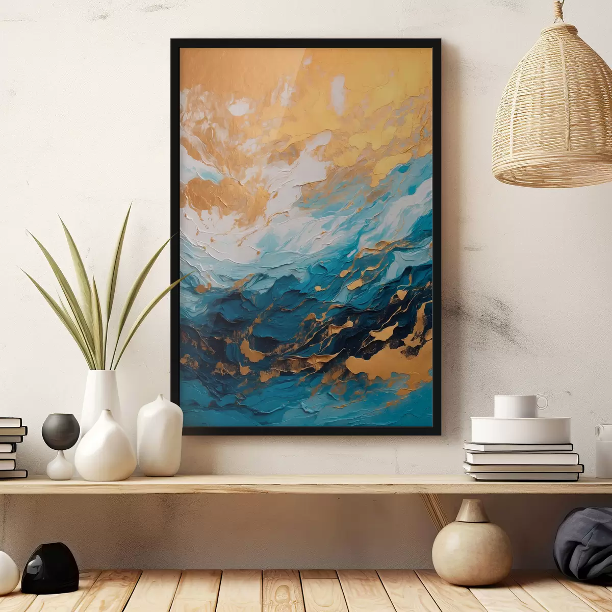 Poster Abstract schilderij met blauw en witte kleuren f40328