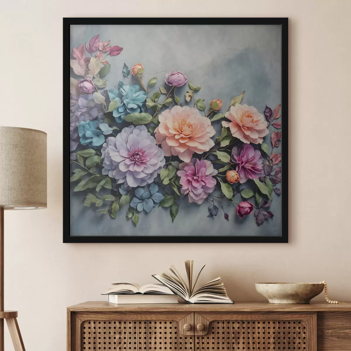 Poster Bloemen en bladeren op een blauwe achtergrond f40346