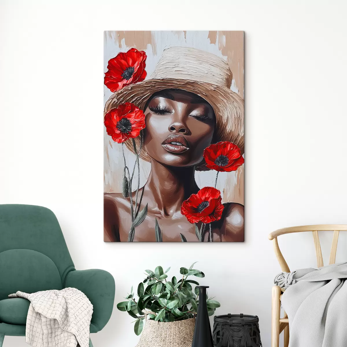  Peintures Portrait d'une femme au chapeau avec des coquelicots rouges s40350