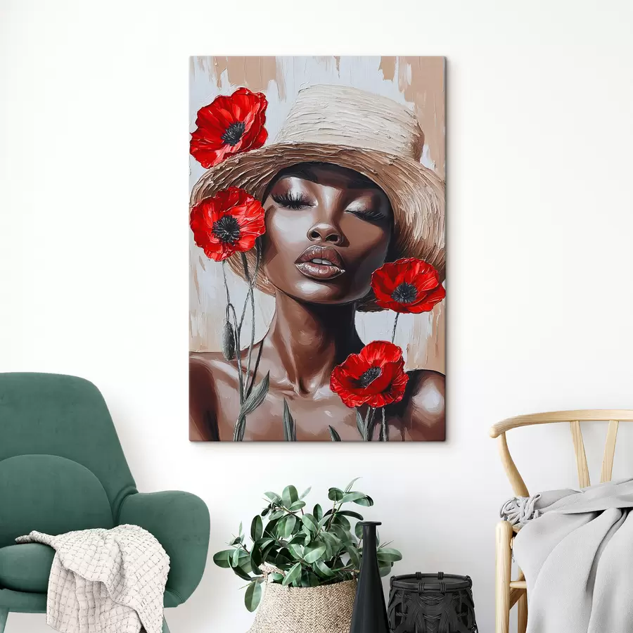  Peintures Portrait d'une femme au chapeau avec des coquelicots rouges s40350