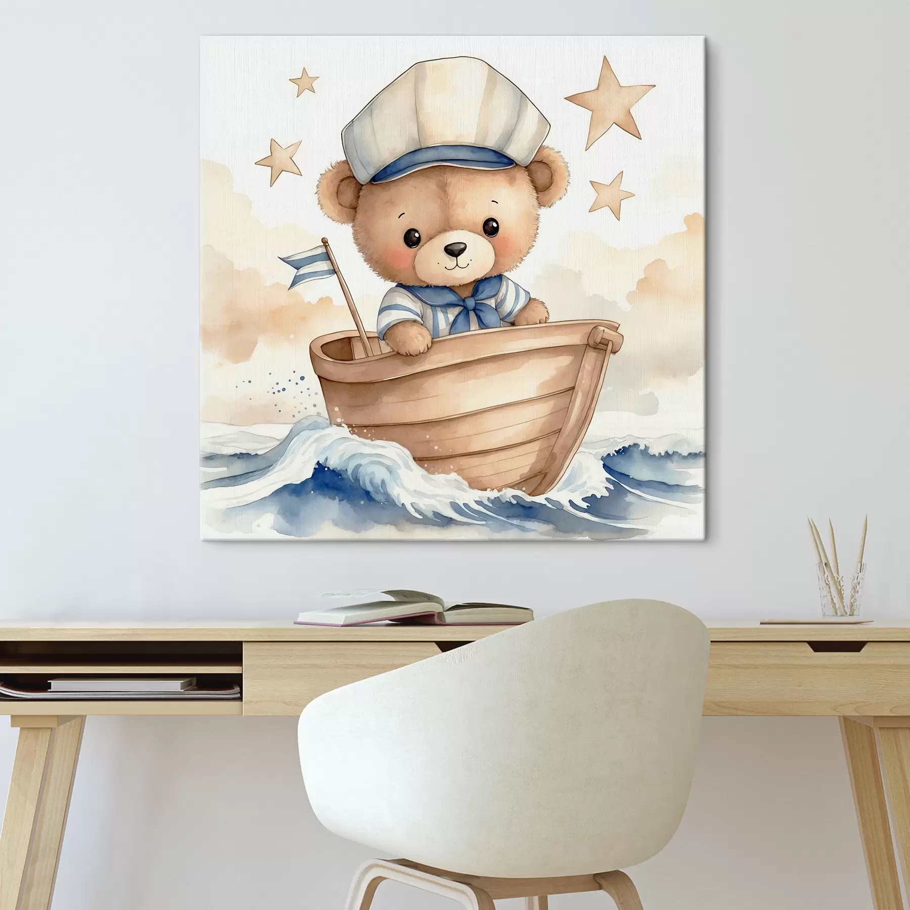 Fotobehang Schattige aquarelbeer in een boot s40428