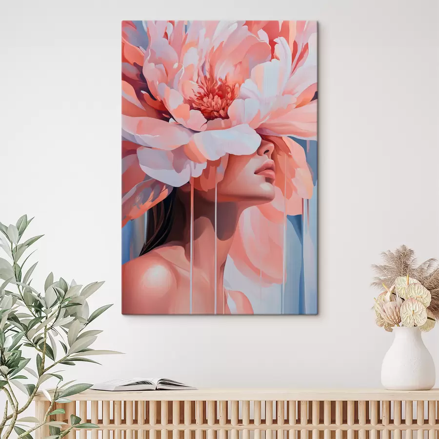  Peintures Portrait d'une femme avec une grande fleur rose sur la tête s40430