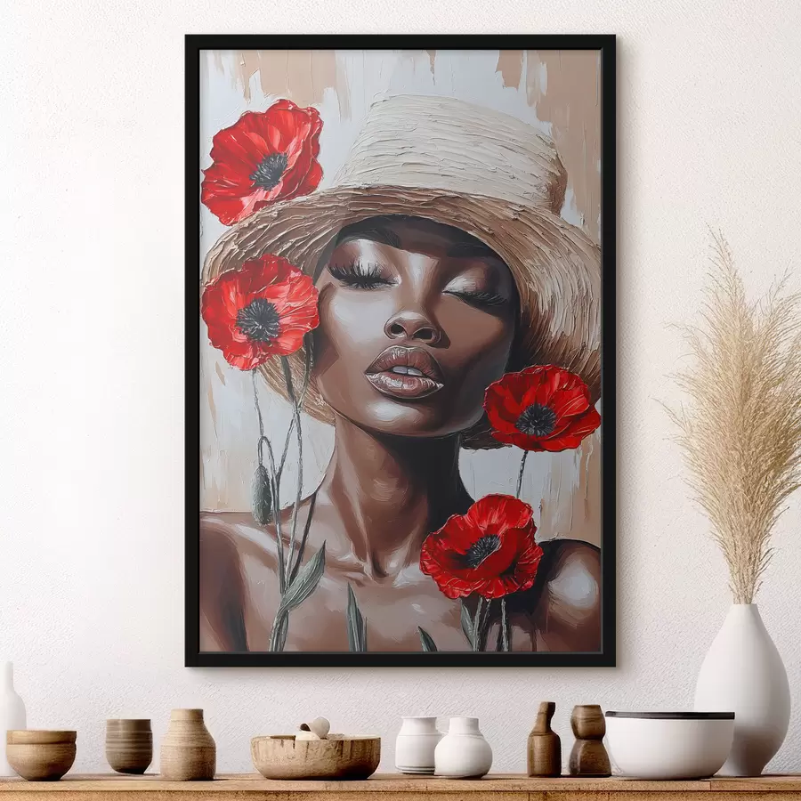 Fotobehang Portret van een vrouw in een hoed met rode klaprozen f40350