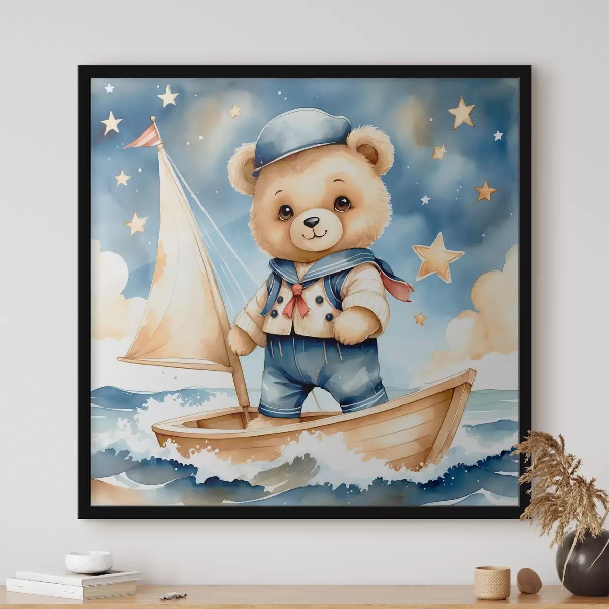 Poster Een schattige aquarel teddybeer in een boot met sterren aan de hemel f40429