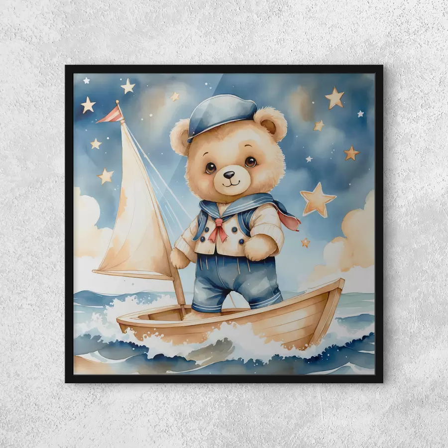 Fotobehang Een schattige aquarel teddybeer in een boot met sterren aan de hemel f40429