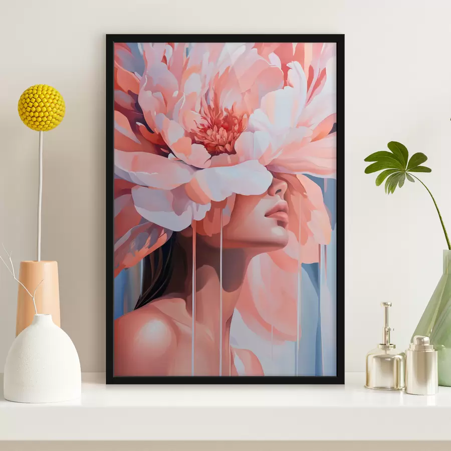 Fotobehang Portret van een vrouw met een grote roze bloem op haar hoofd f40430